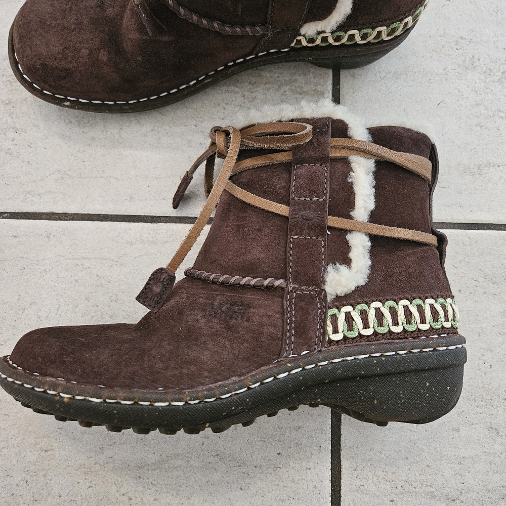 Ugg Brown Suede Shearling Ankle Boots - Picture 2 of 7